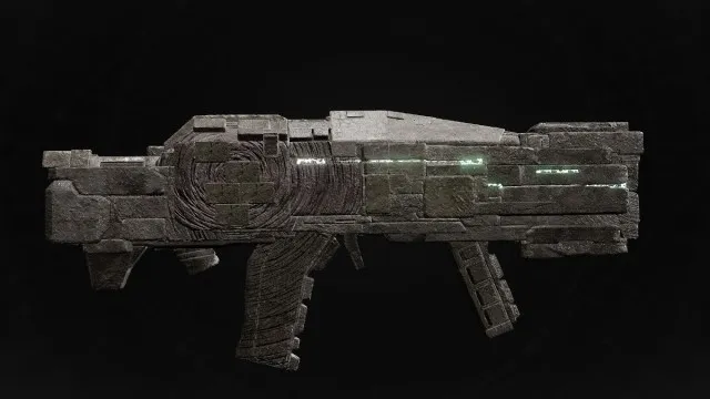 The Enigma SMG, a highly futuristic and blocky weapon, sits on a black background in Remnant 2.