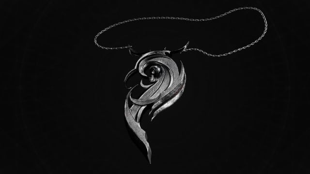 A spiral-shaped metal amulet on a chain sits on a black background in Remnant 2.