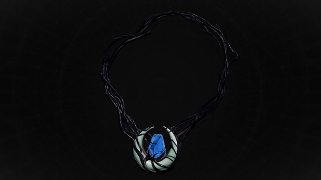 A circular blue stone on a chain sits on a black background in Remnant 2.