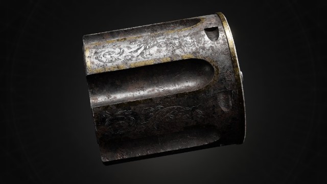 The barrel of a revolver sits on a black background in Remnant 2.