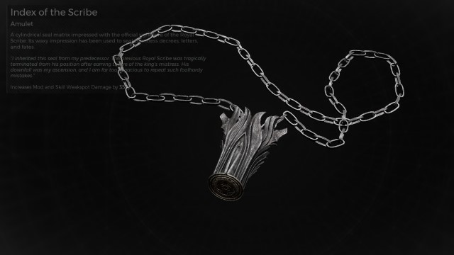 A small chain necklace with a silver bauble sits on a black background in Remnant 2.