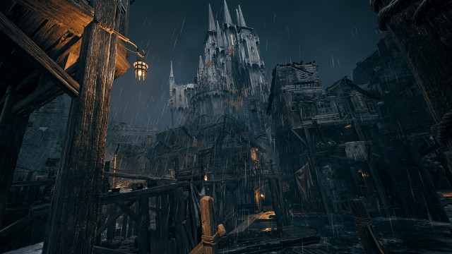 A tall, oldschool castle rises from a wooden ghetto in Remnant 2.