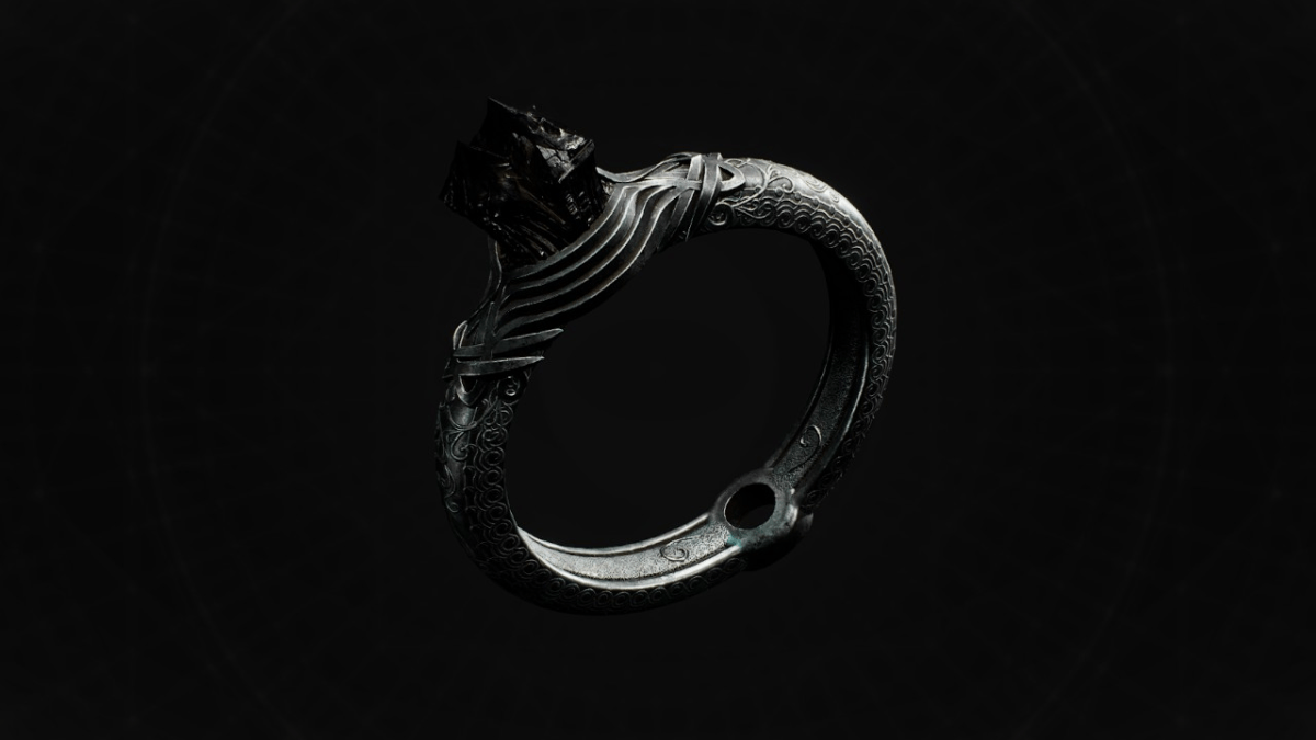 A silver ring with a black stone sits on a black background in Remnant 2.
