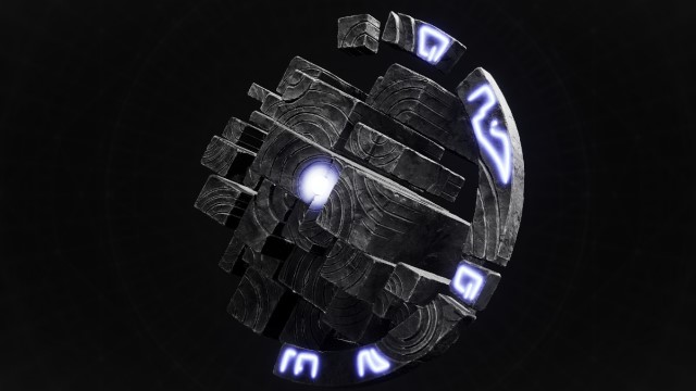 A blocky, gray sphere with runes all over it sits on a black background in Remnant 2.