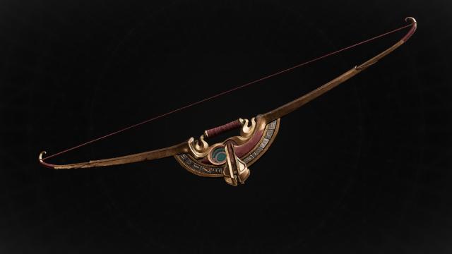 The Sagittarius bow, depicting ancient runes and a stone-like design, sits on a black background in Remnant 2.