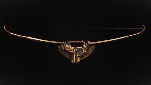 The bow Sagittarius, featuring multiple ancient etchings, sits on a black background in Remnant 2.