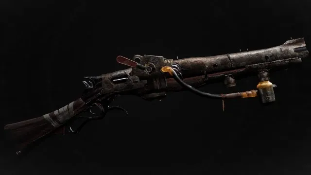 A shotgun with a flame attachment stuck to the bottom sits on a black background of Remnant 2.