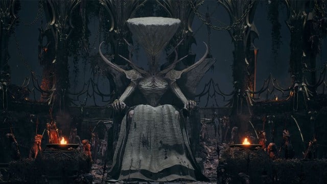 A giant regal figure sits in ashen white upon a throne in Remnant 2's The Awakened King DLC.