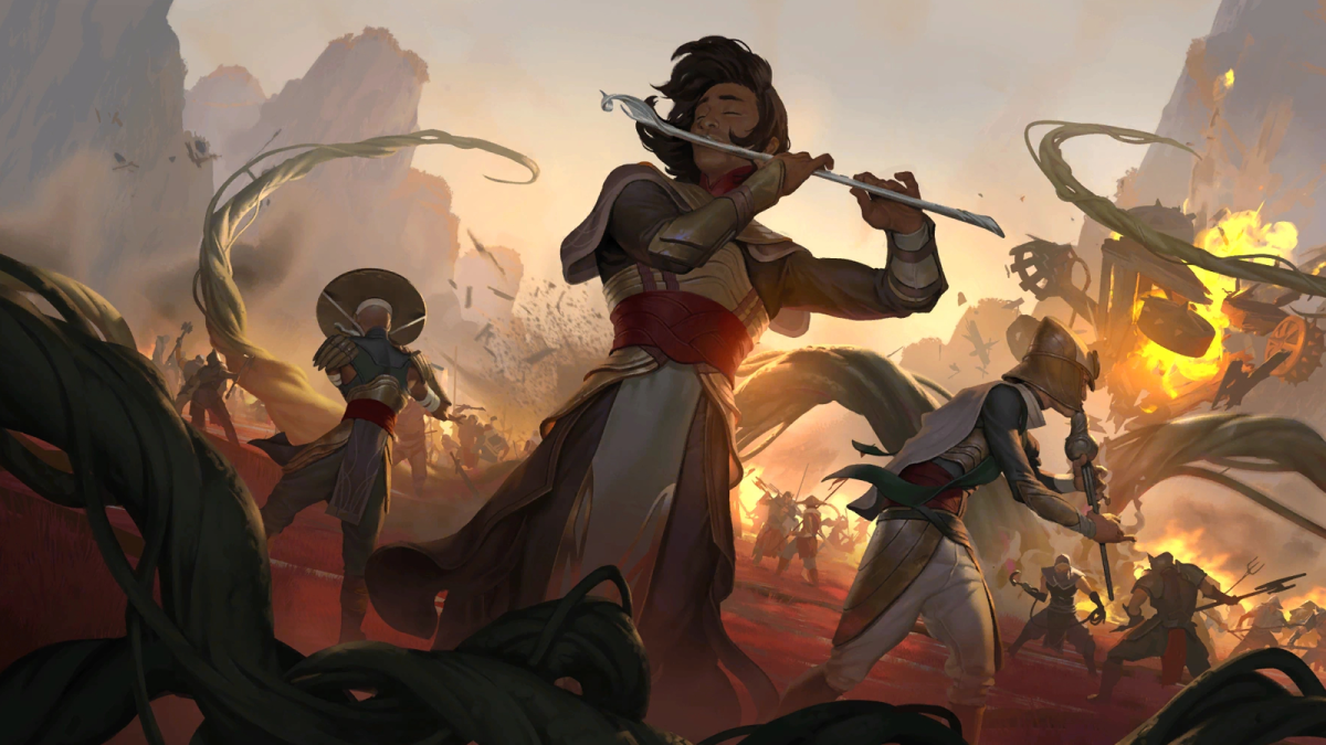 A warrior plays his flute in Legends of Runeterra while a battle rages around him
