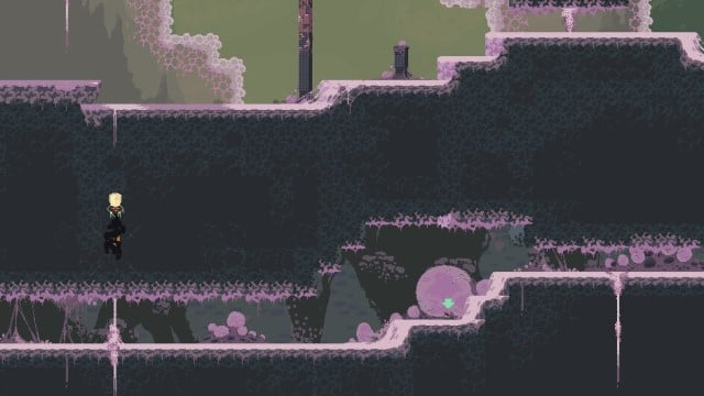 A silhouette climbs through a wall towards a green arrow in Risk of Rain Returns. The cave is full of pink jelly.