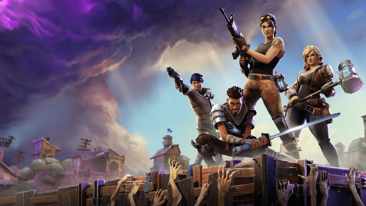 A group of Fortnite characters fending off zombies from a base.