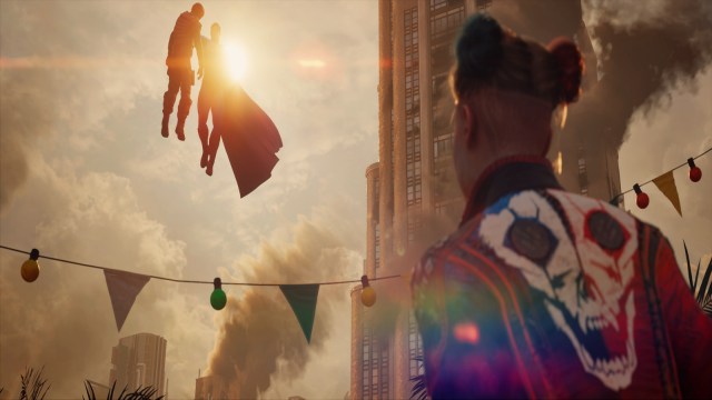 Harley Quinn looks on towards Superman holding a person in the air in Suicide Squad: Kill the Justice League.