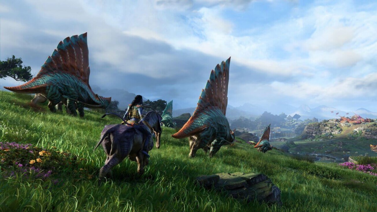 A character in Avatar: Frontiers of Pandora riding a creature across a field.