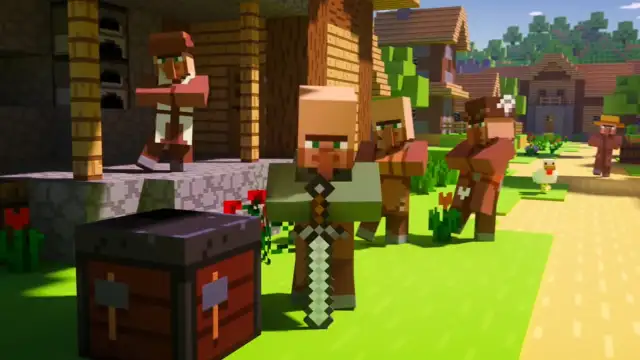 Quelques villageois dans un village de Minecraft.