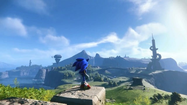 Sonic Frontiers standing in grassy plain looking out at open world