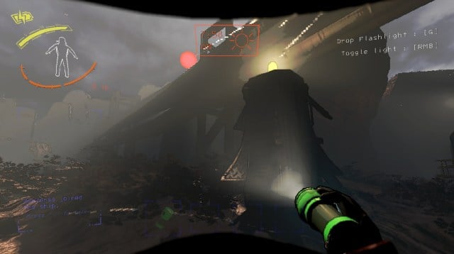 A player looking toward a supply drop in Lethal Company while holding a flashlight.