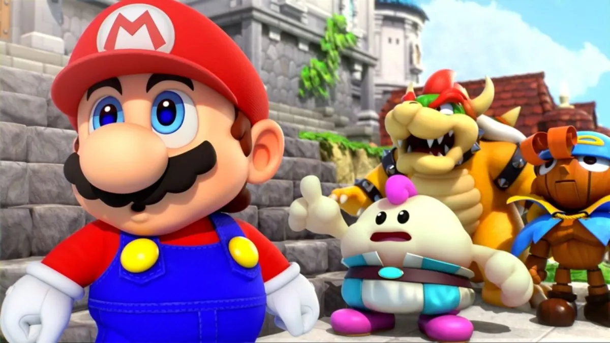 Mario and friends looking at something next to a castle in Super Mario. Bros.