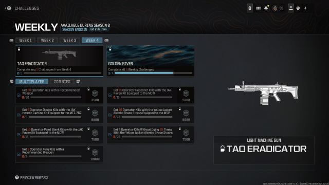 A screenshot of challenges to unlock the TAQ Eradicator LMG in MW3.