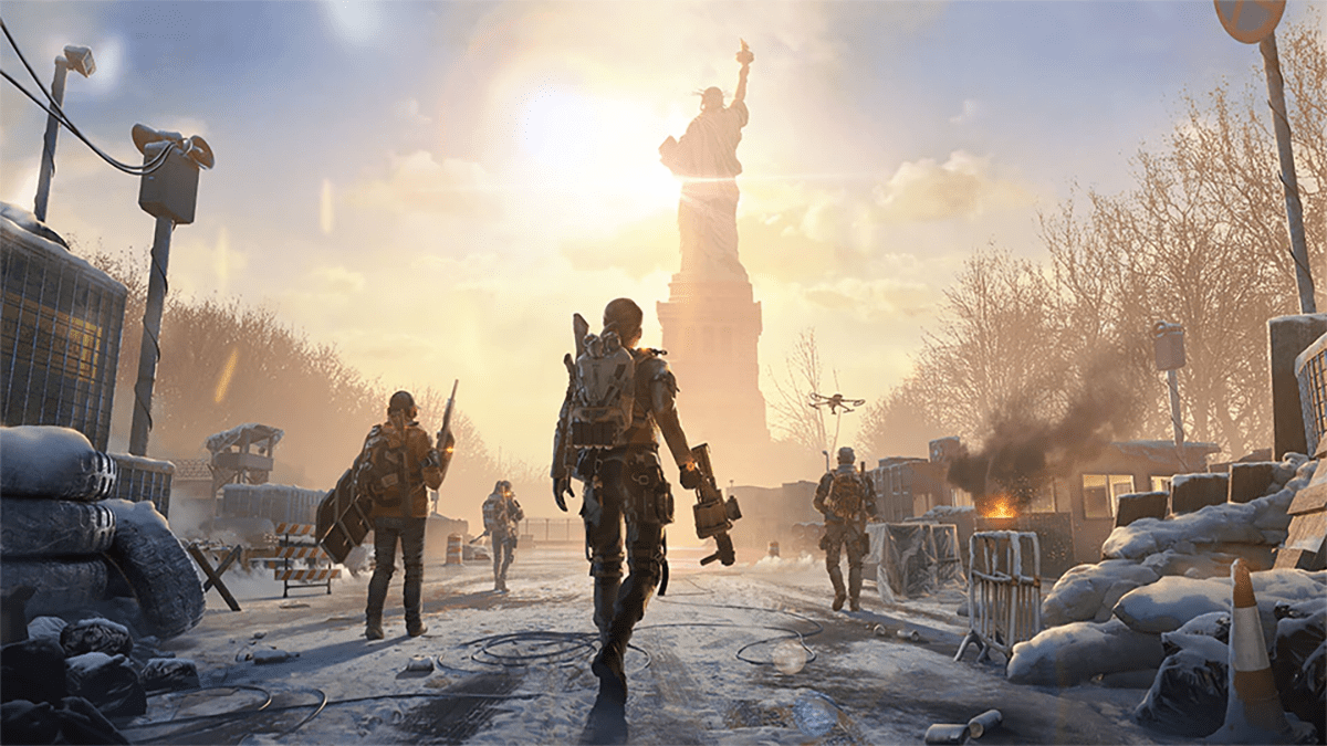 The Division agents looking at the Statue of Liberty in winter time.