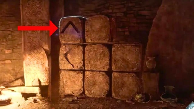 Red arrow pointing to a block pointing up in hogwarts legacy