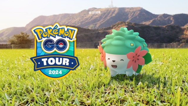 Shaymin standing alongside the Pokemon Go Tour logo.