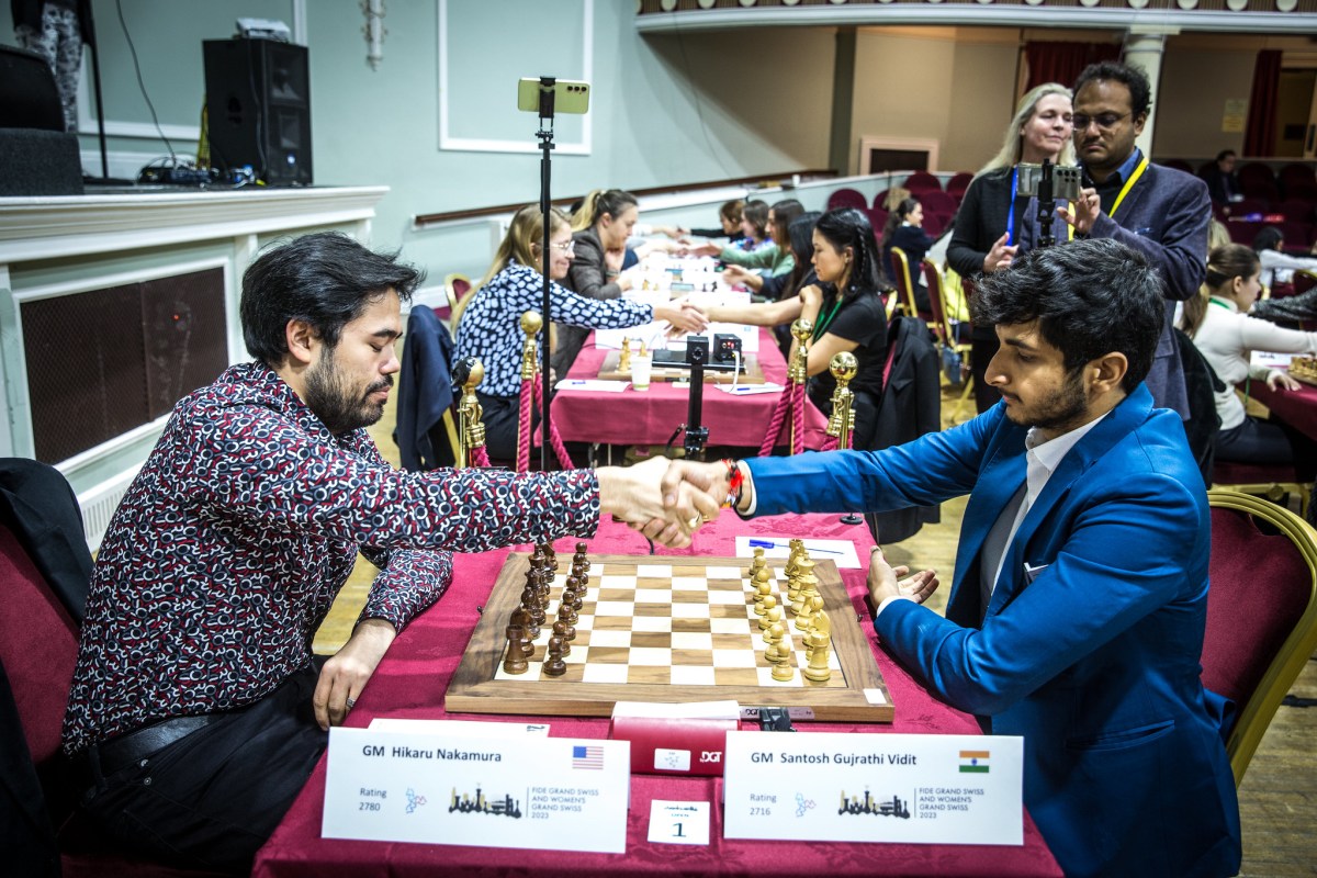 Hikaru Nakamura and Vidit Gujrathi at the 2023 FIDE Grand Swiss Tournament