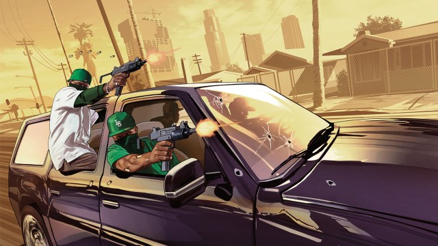A promotional image of Grove Street gang members from Grand Theft Auto: San Andreas