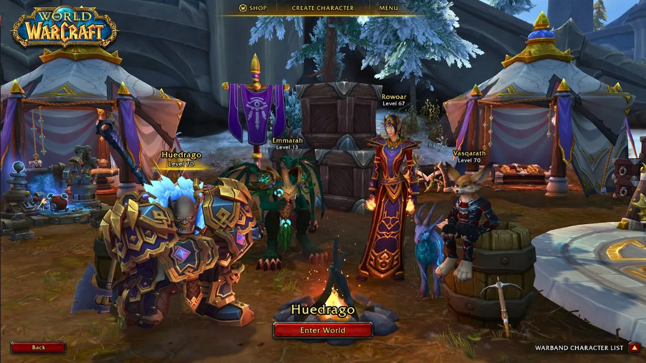 the wow the war within menu screen of a warband character list