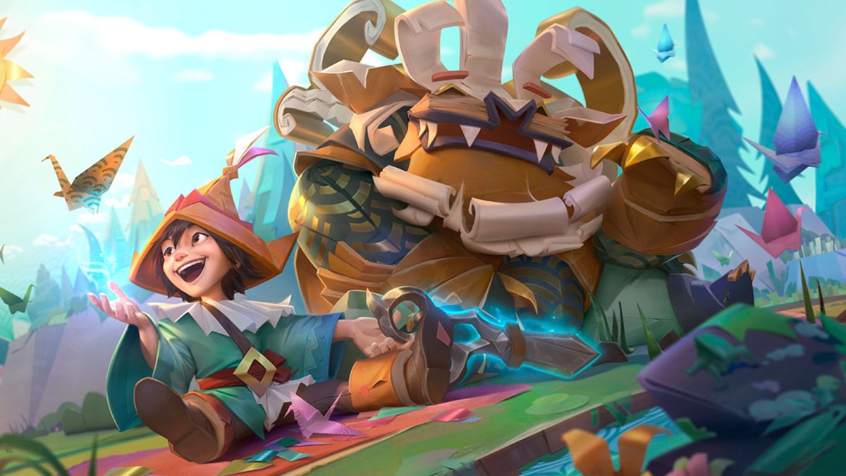 Papercraft Nunu and Willump play together on a mat in League of Legends