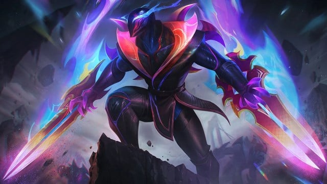 Empyrean Zed from League of Legends flexes both his chromatic blades