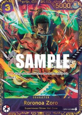Gold-trimmed full-art Roronoa Zoro card for One Piece TCG with green and orange styles