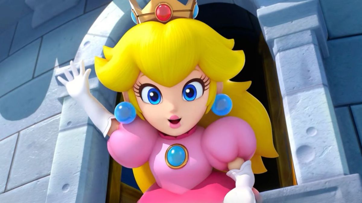 Princess Peach waving from the top of a tower in Super Mario RPG