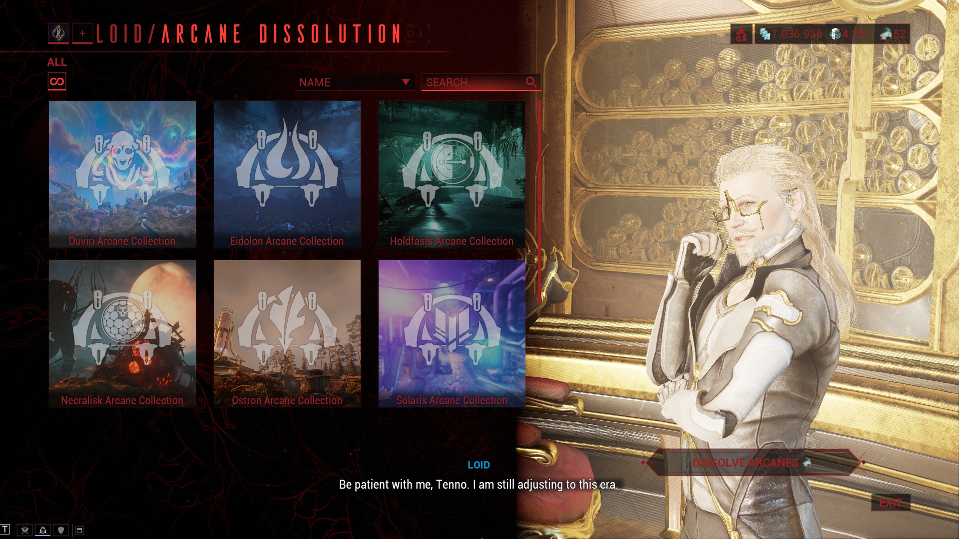 Loid's Arcane Dissolution screen showing Arcanes from each source in Warframe.