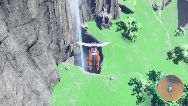 Koraidon gliding toward a waterfall.