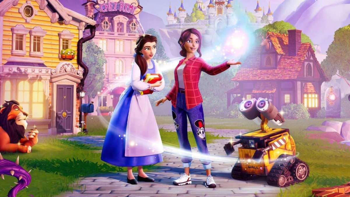 A promotional image of Belle, WALL-E and the player character from Disney Dreamlight Valley.
