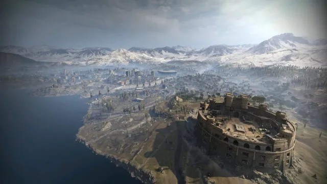 Verdansk Warzone map, showing snowy mountains, trees, cities, and a big arena.