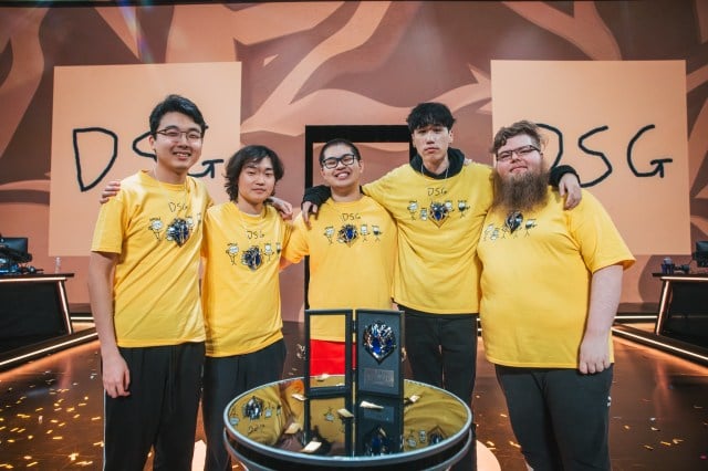 Disguised's NACL roster poses for a picture with their newly-won trophy. From left to right: FakeGod, Young, Tomio, Meech, Zeyzal.