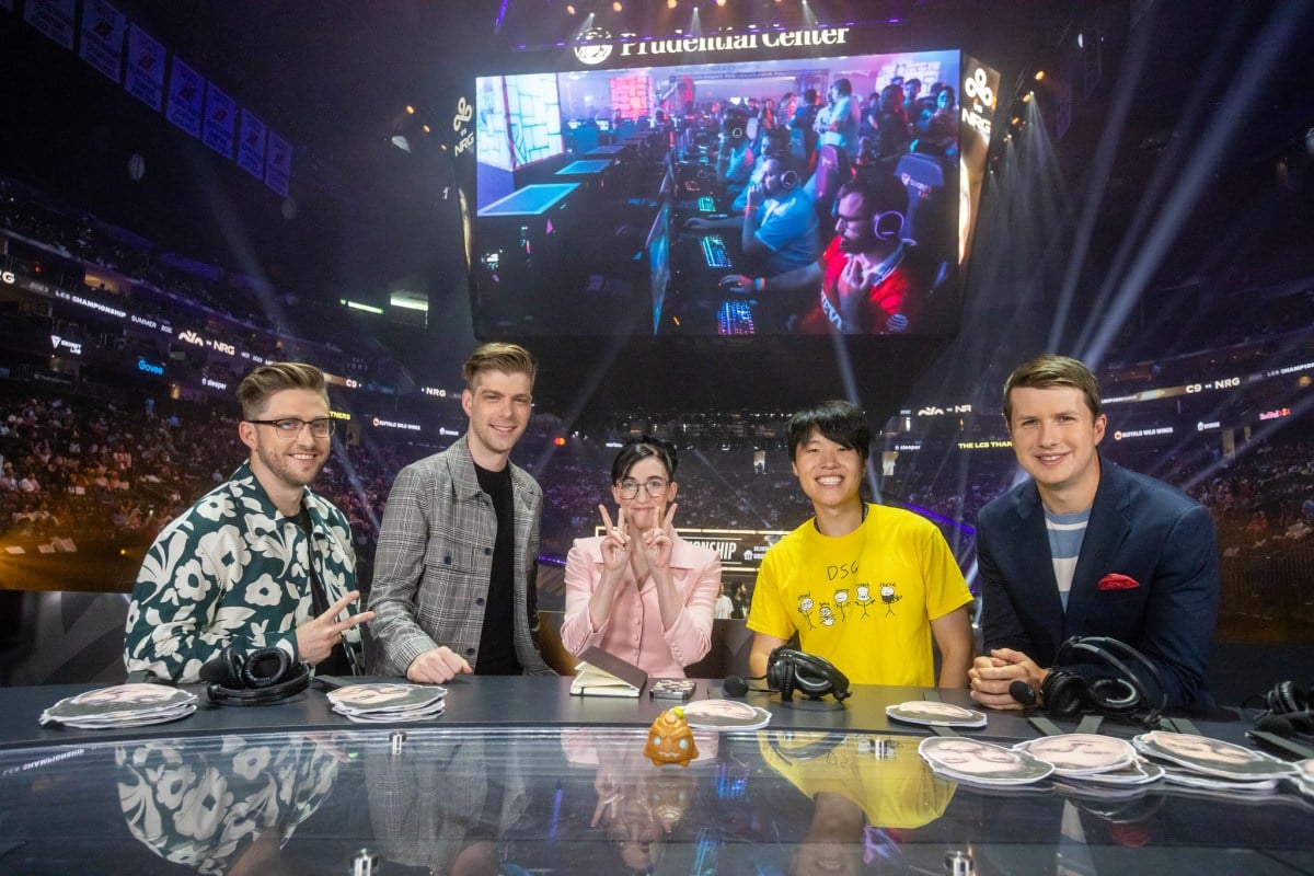The analyst desk at the 2023 LCS Championship. From left to right: Dash, MarkZ, Emily Rand, DisguisedToast, Jatt.