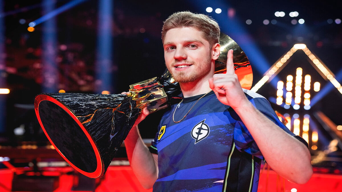 Max "Demon1" Mazanov of Evil Geniuses poses with the VALORANT Champions Los Angeles Trophy after victory at the Grand Finals at the Kia Forum on August 26, 2023 in Los Angeles, California.