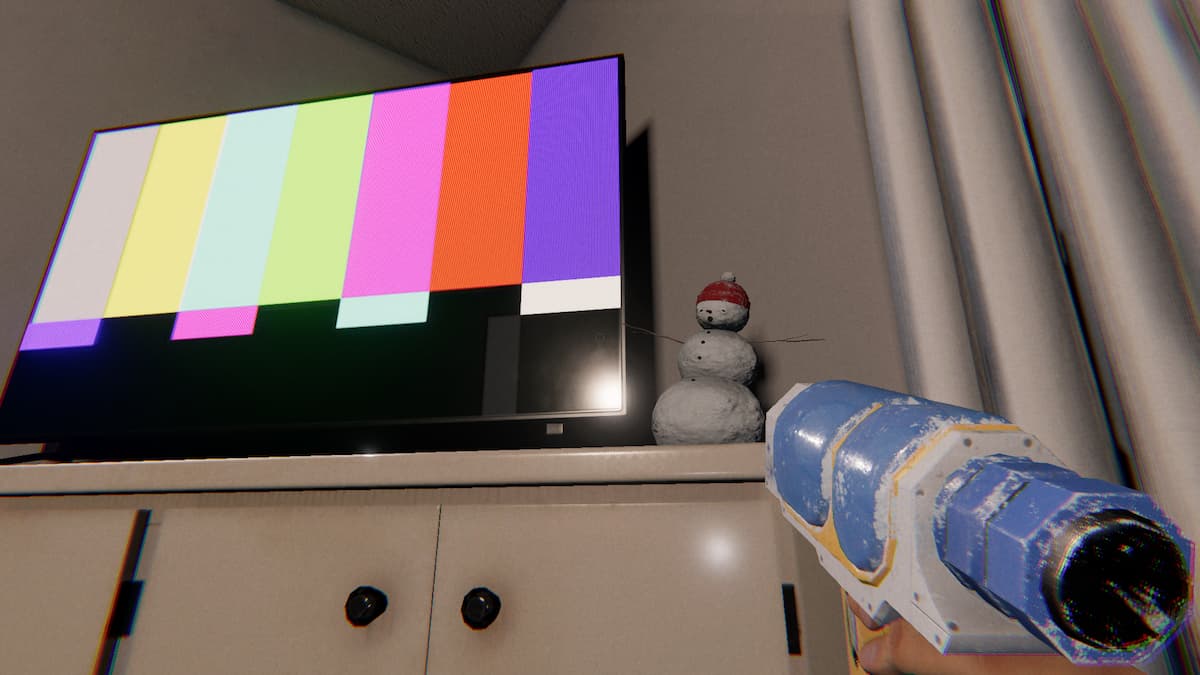 A dancing snowman by the tv.