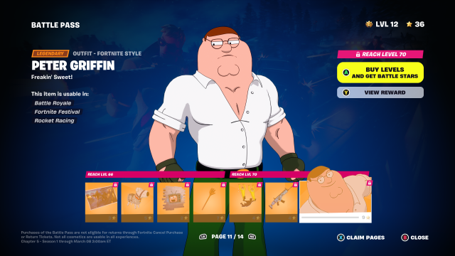 A screenshot of the Peter Griffin skin in Fortnite