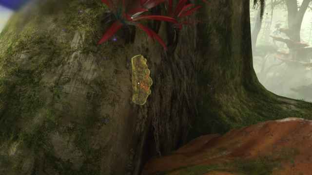 A spot in Avatar: Frontiers of Pandora marked yellow to signal the position of harvestable bark.