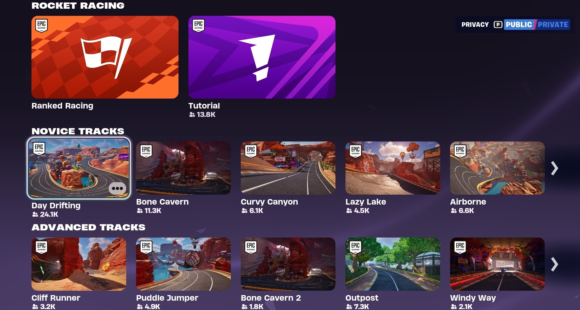 Tracks available through Fortnite Rocket Racing