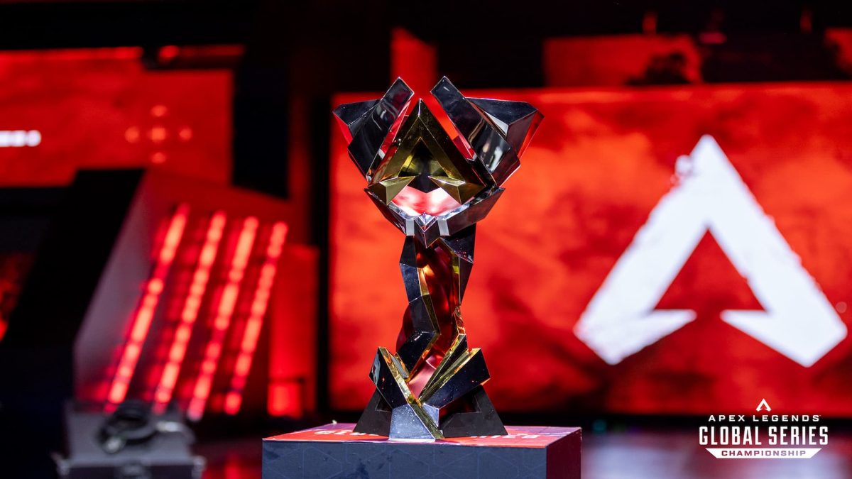 The 2023 Apex Legends Global Series trophy on the main stage.