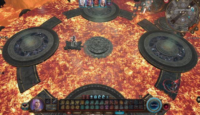 A screenshot from BG3 showing the lava-filled arena of the Grym boss fight and where players should stand.