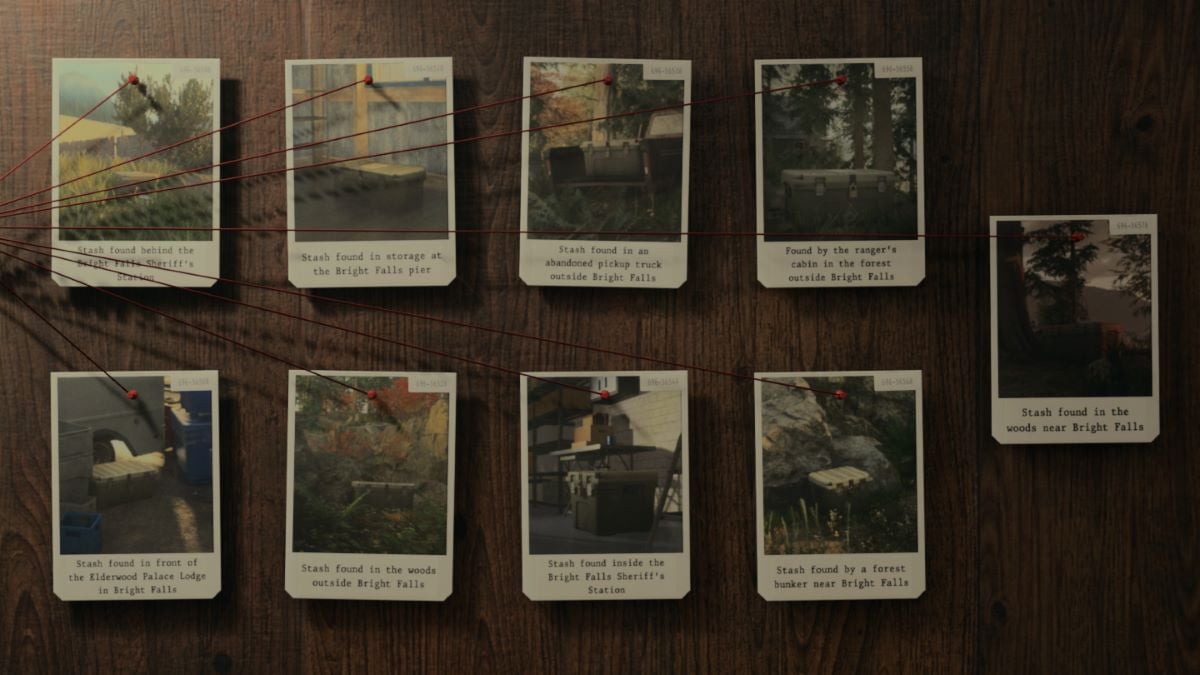 The Case Board showing all nine Cult Stashes in Bright Falls in Alan Wake 2.