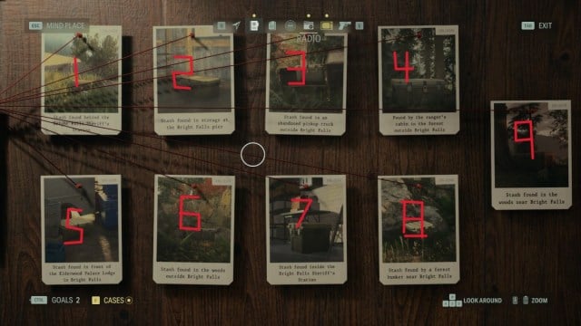 The Case Board with photographs of all nine Cult Stash locations in Bright Falls (Alan Wake 2).