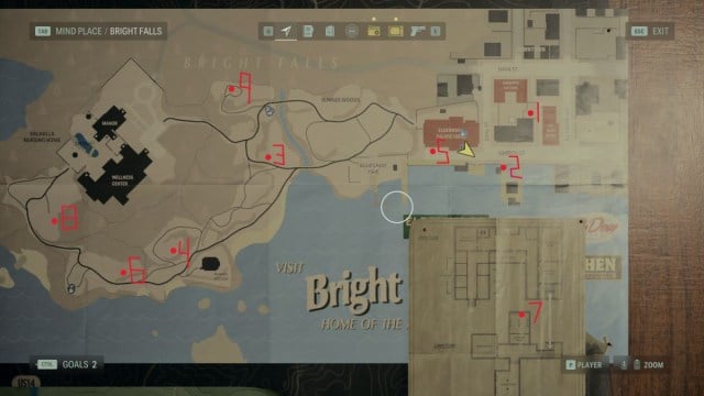 The map of Bright Falls in Alan Wake 2, with red pen showing the location of all nine Cult Stashes.