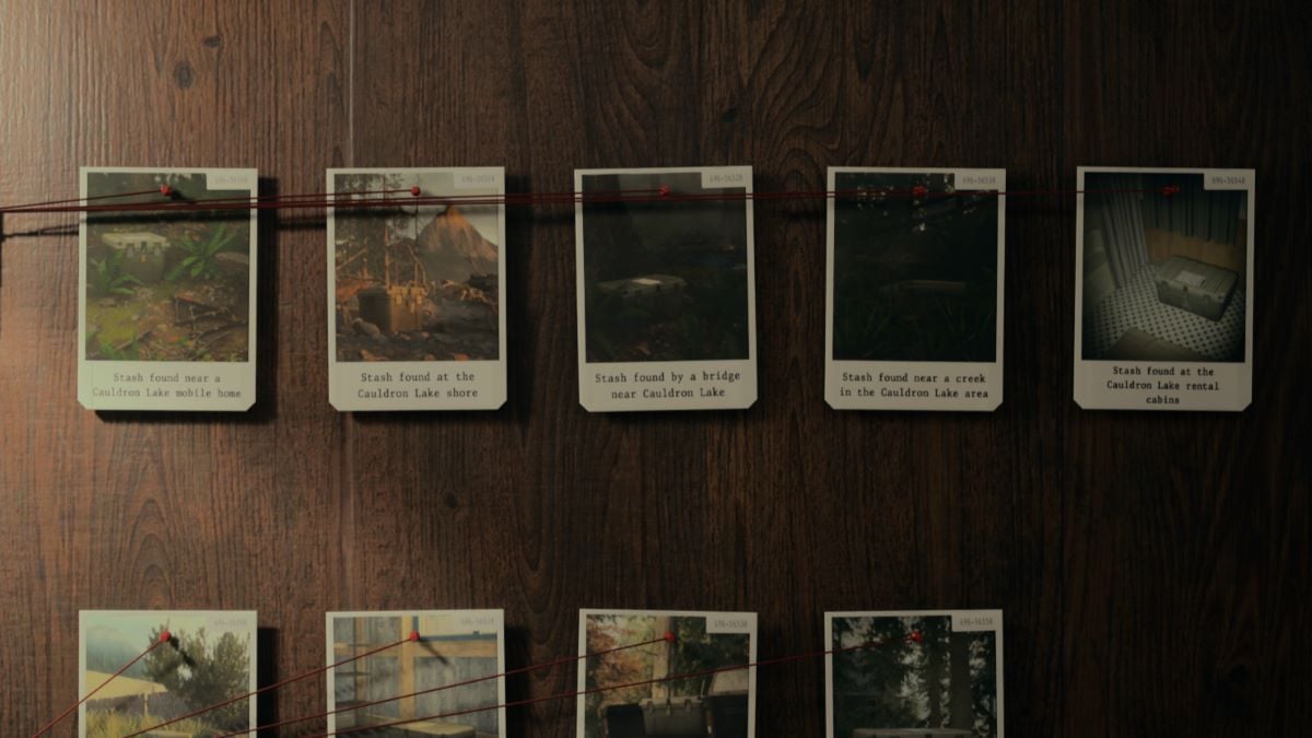 An in-game screenshot of the Cauldron Lake Cult Stash Case Board from Alan Wake 2.