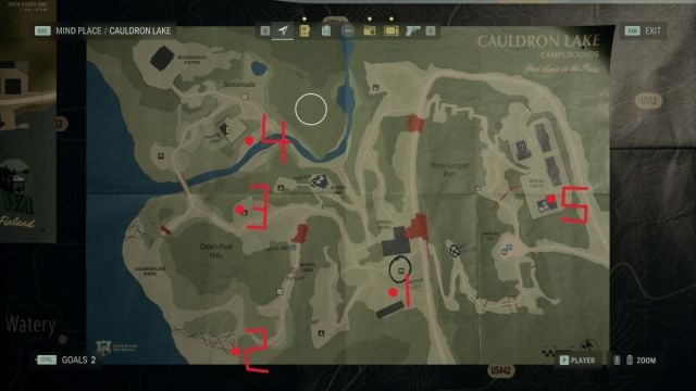An in game screenshot of the map of Cauldron Lake in Alan Wake 2, with red numbers highlighting five spots on the map.
